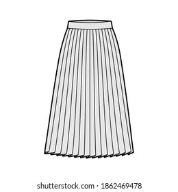 Skirt pleat technical fashion illustration with below-the-knee silhouette, circular fullness, thick waistband. Flat bottom template front, grey color style. Women, men, unisex CAD mockup