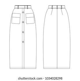 skirt with pockets technical sketch front and back
