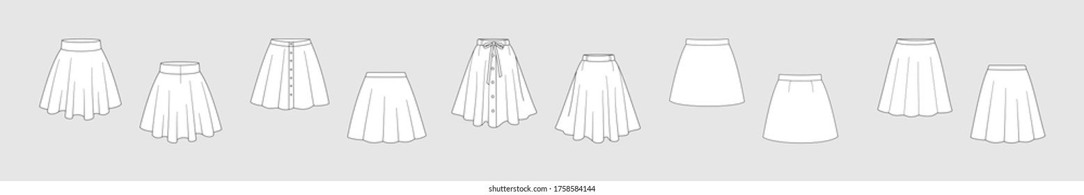Skirt. Set of female vector templates isolated on a grey background. Front and back view. Outline fashion technical sketch of clothes model.