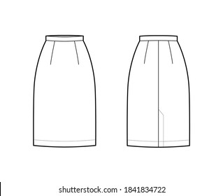 Skirt sheath straight technical fashion illustration with knee lengths, flap at back, pencil fullness. Flat bottom apparel template front, back, white color style. Women, men, unisex CAD mockup