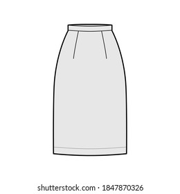 Skirt sheath straight technical fashion illustration with knee lengths, flap at back, pencil fullness. Flat bottom apparel template front, grey color style. Women, men, unisex CAD mockup