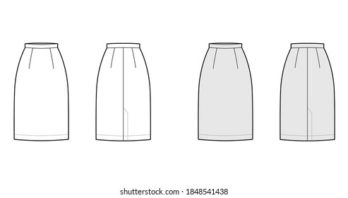 Skirt sheath straight technical fashion illustration with knee lengths, flap at back, pencil fullness. Flat bottom apparel template front, back, white, grey color style. Women, men, unisex CAD mockup