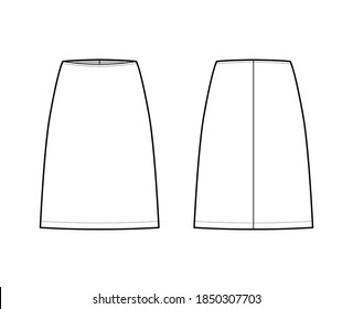 Skirt sheath technical fashion illustration with straight knee silhouette, pencil fullness. Flat bottom template front, back, white color style. Women, men, unisex CAD mockup