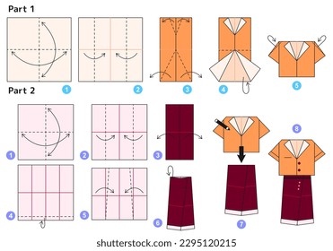 Skirt and shirt origami scheme tutorial moving model. Origami for kids. Step by step how to make a cute origami costume for women. Vector illustration.