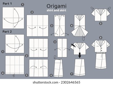 Skirt and shirt origami scheme tutorial moving model on grey backdrop. Origami for kids. Step by step how to make a cute origami costume for women. Vector illustration.