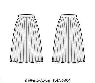 Skirt side knife pleat technical fashion illustration with below-the-knee silhouette, circular fullness, thick waistband. Flat bottom template front, back, white color style. Women, unisex CAD mockup