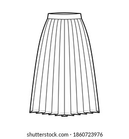 Skirt side knife pleat technical fashion illustration with below-the-knee silhouette, circular fullness, thick waistband. Flat bottom template front, white color style. Women, men, unisex CAD mockup