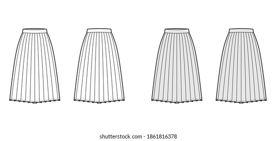 Skirt side knife pleat technical fashion illustration with below-the-knee silhouette, circular fullness, thick waistband. Flat bottom template front, back white grey color style. Women, men CAD mockup