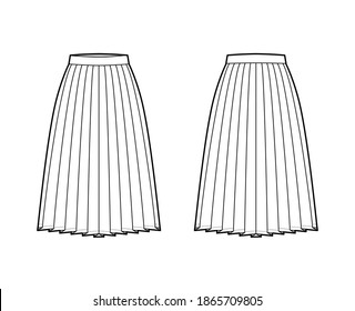 Skirt side knife pleat technical fashion illustration with below-the-knee silhouette, circular fullness, thick waistband. Flat bottom template front back white color style. Women men unisex CAD mockup