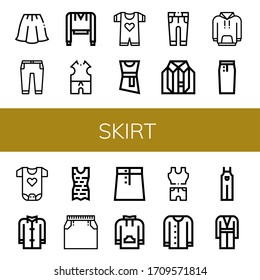 skirt simple icons set. Contains such icons as Skirt, Trousers, Sweatshirt, Clothes, Baby clothes, Blouse, Hoodie, Pencil skirt, Coat, Cardigan, can be used for web, mobile and logo