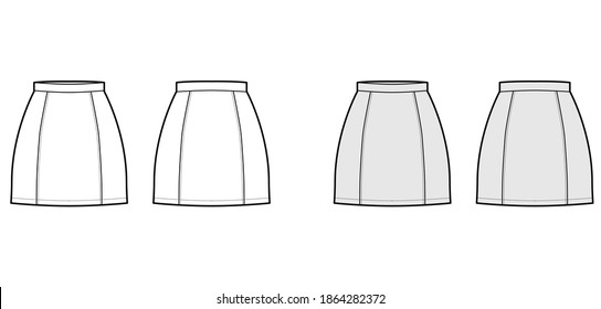 Skirt six gore mini pencil fullness technical fashion illustration with fitted silhouette, thin waistband. Flat bottom template front, back, white grey color style. Women, men, unisex 