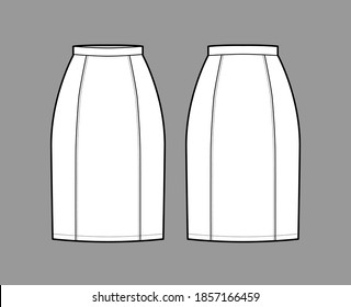 Skirt six gore pencil fullness technical fashion illustration with below-the-knee silhouette, thin waistband. Flat bottom template front, back, white color style. Women, men, unisex CAD mockup