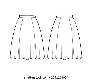 Skirt six gore technical fashion illustration with knee silhouette, semi-circular fullness, thin waistband. Flat bottom template front, back, white color style. Women, men, unisex CAD mockup