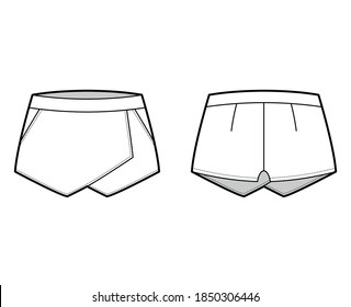 Skirt skort shorts skort technical fashion illustration with mini length silhouette, pencil fullness, thin waistband. Flat bottom template front, back, white color style. Women, men, unisex CAD mockup