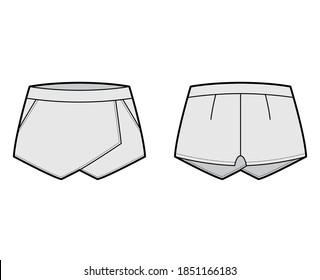 Skirt skort shorts skort technical fashion illustration with mini length silhouette, pencil fullness, thin waistband. Flat bottom template front, back, grey color style. Women, men, unisex CAD mockup