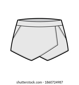 Skirt skort shorts skort technical fashion illustration with mini length silhouette, pencil fullness, thin waistband. Flat bottom template front, grey color style. Women, men, unisex CAD mockup