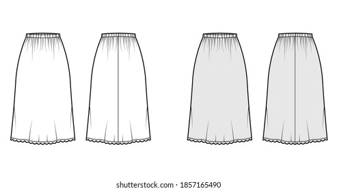 Skirt slip dirndl technical fashion illustration with below-the-knee silhouette, A-line fullness, scalloped edge. Flat bottom template front, back white grey color style. Women, men, unisex CAD mockup