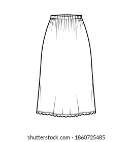 Skirt slip dirndl technical fashion illustration with below-the-knee silhouette, A-line fullness, scalloped edge. Flat bottom template front, white color style. Women, men, unisex CAD mockup