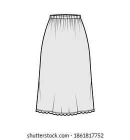 Skirt slip dirndl technical fashion illustration with below-the-knee silhouette, A-line fullness, scalloped edge. Flat bottom template front, grey color style. Women, men, unisex CAD mockup