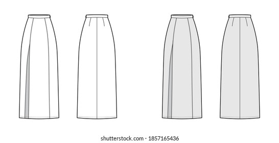 Skirt slit maxi technical fashion illustration with floor ankle lengths silhouette, pencil fullness. Flat bottom template front, back, white grey color style. Women men unisex CAD mockup