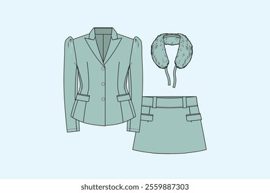 A skirt suit is a type of women's business or formal attire that consists of a jacket and a matching skirt, typically made from the same fabric.