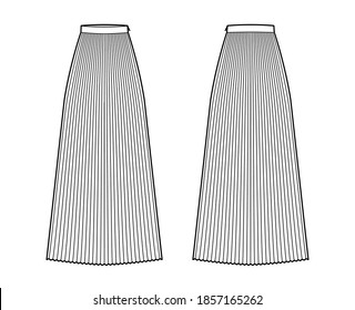 Skirt sunray pleat maxi ilustración técnica de moda con silueta de longitud del tobillo del suelo, plenitud circular. Estilo de color blanco y frontal de la plantilla inferior plana. Mujeres, hombres, maquillaje de CAD unisex