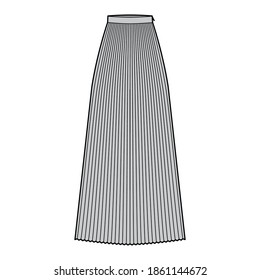 Skirt sunray pleat maxi technical fashion illustration with floor ankle length silhouette, circular fullness. Flat bottom template front, grey color style. Women, men, unisex CAD mockup