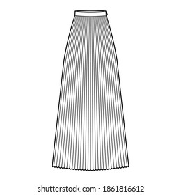 Skirt sunray pleat maxi technical fashion illustration with floor ankle length silhouette, circular fullness. Flat bottom template front, white color style. Women, men, unisex CAD mockup