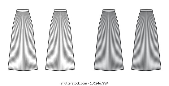 Skirt sunray pleat maxi technical fashion illustration with floor ankle length silhouette, circular fullness. Flat bottom template front, back, white grey color style. Women, men, unisex CAD mockup