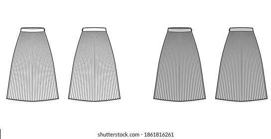 Skirt sunray pleat technical fashion illustration with below-the-knee midi length silhouette, circular fullness. Flat bottom template front, back, white grey color style. Women, men, unisex CAD mockup