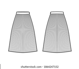 Skirt sunray pleat technical fashion illustration with below-the-knee midi length silhouette, circular fullness. Flat bottom template front, back, white color style. Women, men, unisex 