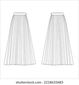 Skirt sunray pleat technical fashion illustration with below-the-knee midi length silhouette, circular fullness. Flat bottom template front, white color style. Women, men, unisex CAD mockup