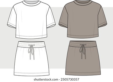 Skirt and t shirt set fashion flat sketch template. Mini skirt and cropped tee shirt fashion flat. Short skirt with drawstring flat drawing.