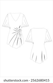  Skirt technical fashion illustration. Asymmetrical Mini Skirt fashion flat technical drawing template, rib waist, A line, front and back view, white, women CAD mockup.technical fashion illustration, 