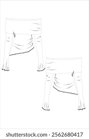  Skirt technical fashion illustration. Asymmetrical Mini Skirt fashion flat technical drawing template, rib waist, A line, front and back view, white, women CAD mockup.technical fashion illustration, 