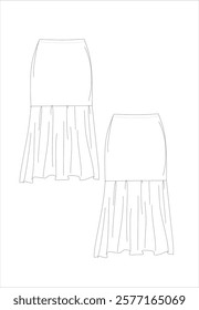 Skirt technical fashion illustration. Asymmetrical Mini Skirt fashion flat technical drawing template, rib waist, A line, front and back view, white, women CAD mockup.technical fashion illustration