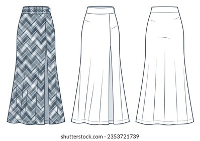 Ilustración de la moda técnica de falda, patrón de trenzado. Maxi Skirt moda plantilla de dibujo técnico plano, corredera delantera, cremallera lateral, frontal, retrovista, blanco, gris, maquillaje CAD femenino.