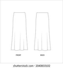 Skirt technical sketch, vector. Midi skirt template design. Lingerie style midi skirt. 