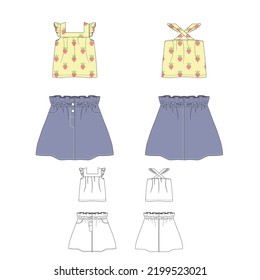 Skirt and top kids girl flat sketch. Printed summer ruffled top. Front and back sketch. 