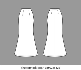 Skirt trumpet maxi technical fashion illustration with floor ankle lengths silhouette, pencil fullness. Flat bottom template front, back, white color style. Women men unisex CAD mockup