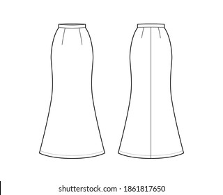 Skirt trumpet maxi technical fashion illustration with floor ankle lengths silhouette, pencil fullness. Flat bottom template front, back, white color style. Women men unisex CAD mockup
