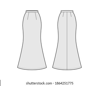 Skirt trumpet maxi technical fashion illustration with floor ankle lengths silhouette, pencil fullness. Flat bottom template front, back, grey color style. Women men unisex 