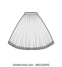 Skirt tutu crinoline technical fashion illustration with knee silhouette, circular fullness, thin waistband. Flat bottom template front, grey color style. Women, men, unisex CAD mockup