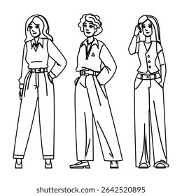 skirt woman spring fashion vector. sandals trench, cardigan denim, jumpsuit romper skirt woman spring fashion character. people black line pencil drawing illustration