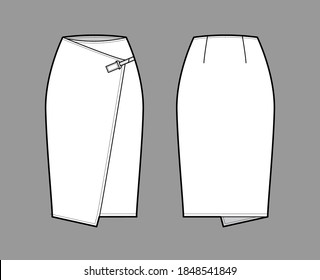 Skirt wrap technical fashion illustration with straight knee silhouette, pencil fullness, close with carabiner connector. Flat bottom template front back white color style. Women men unisex CAD mockup
