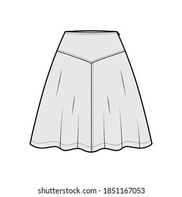 Skirt yoke technical fashion illustration with above-the-knee lengths silhouette, semi-circular fullness. Flat bottom template front, grey color style. Women men unisex CAD mockup svg