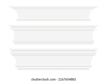 Skirting wall moulding baseboard set isolated on white background. Decor architectural elements for interior floor and wall border. Vector flat illustration. Moldings of various width size collection.