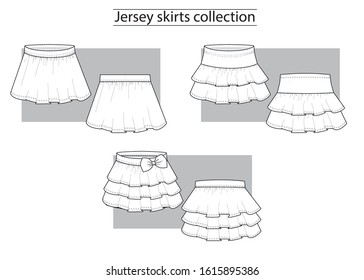Skirts for girls collection basic set of technical sketches
