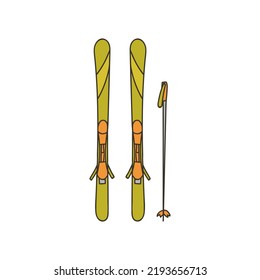 Skis colorful doodle illustration in vector. Skis colorful icon in vector. Skiing equipment colorful icons in vector