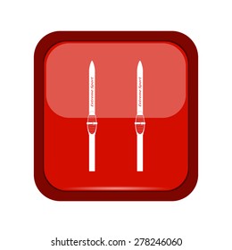 Skis icon on a red button, vector illustration